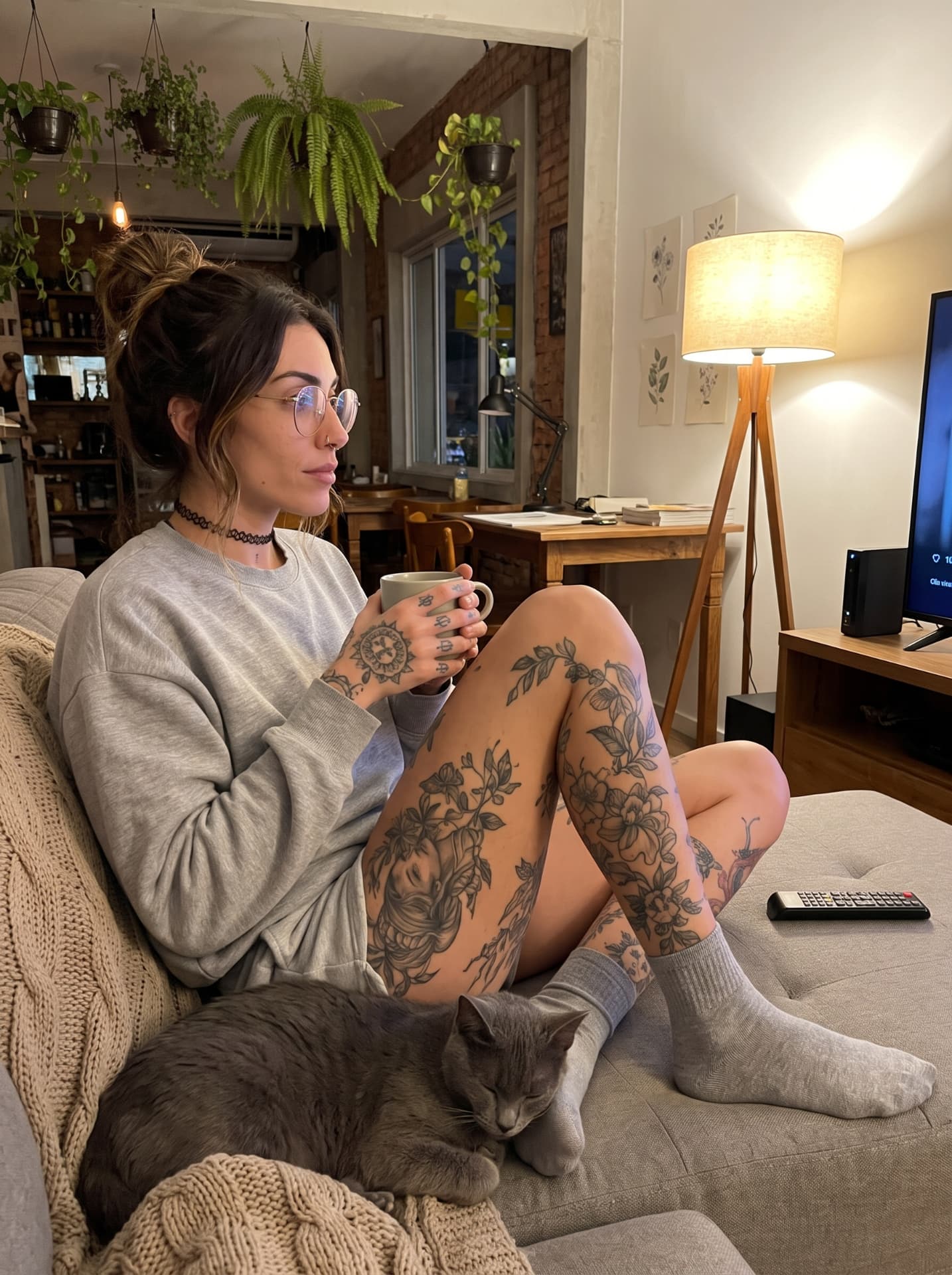 Jessica no sofá com a gata Figo dormindo