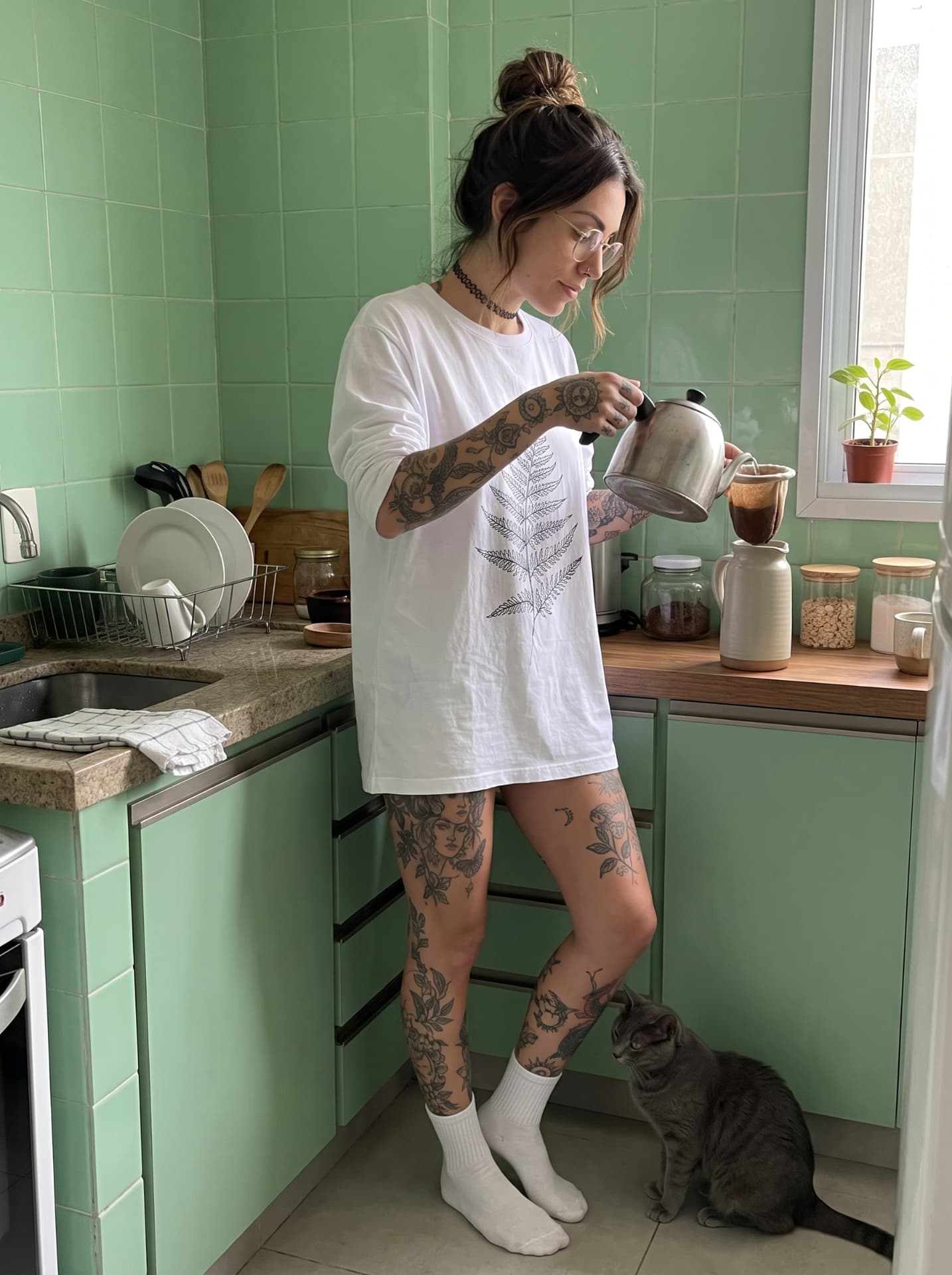 Jessica coando café na cozinha verde com a gata Figo