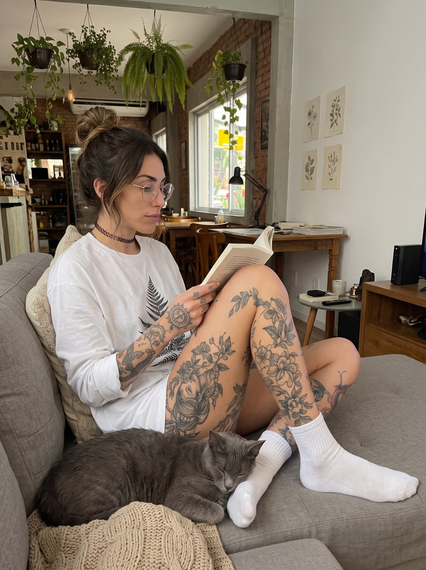 Jessica lendo no sofá com a Figo