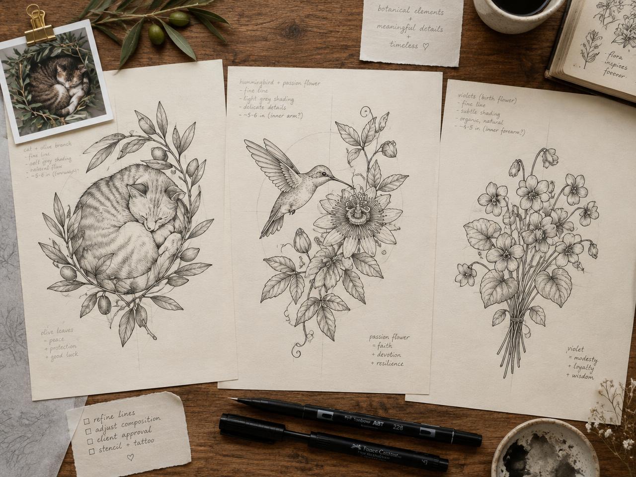 Amostras de desenhos de tatuagem personalizados: gata entre oliveiras, beija-flor com maracujá e buquê de violetas
