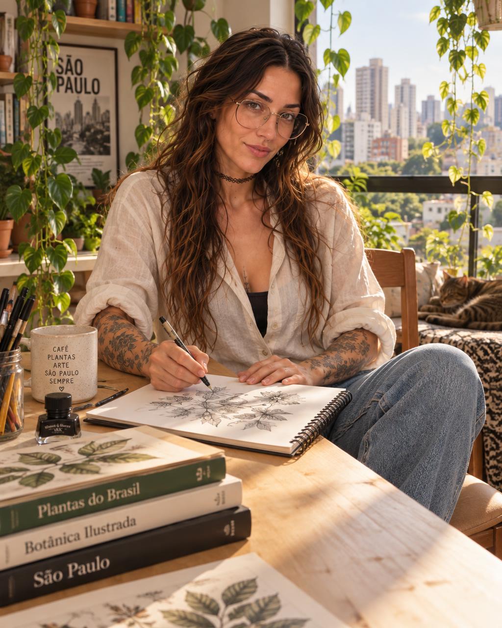 Jessica desenhando na mesa de madeira